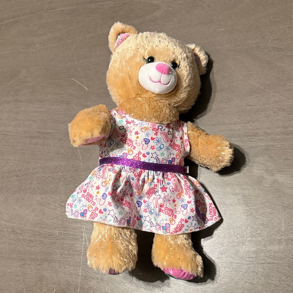 Girl Scout Build-A-Bear Teddy with Pink and Purple Dress